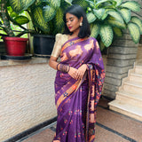 Violet semi tussar saree with printed unstitched blouse.