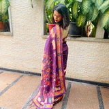 Violet semi tussar saree with printed unstitched blouse.