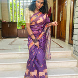 Violet semi tussar saree with printed unstitched blouse.