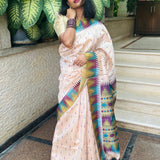 Semi tussar saree with contrast olive green unstitched blouse