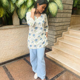 White and powder blue cotton short kurti