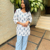 White and grey floral cotton short kurti