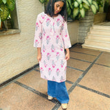 Baby pink checked cotton kurti