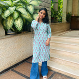 Turquoise floral printed cotton kurti