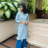 Turquoise floral printed cotton kurti