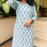 Turquoise floral printed cotton kurti