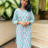 Turquoise floral printed cotton kurti