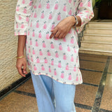 White and pink cotton short kurti