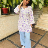 White and lavender cotton short kurti