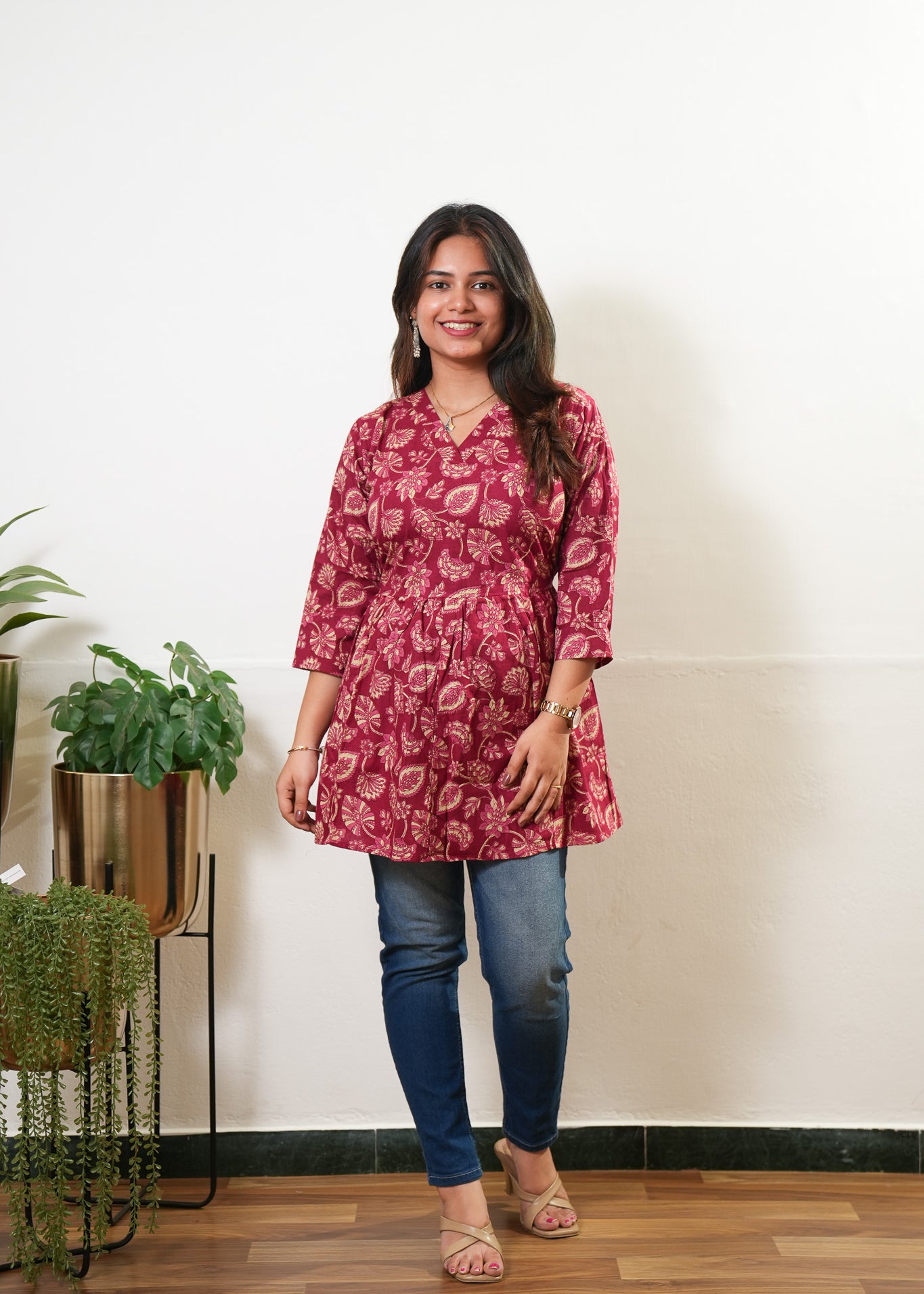 Peplum cotton short kurti -Deep red