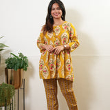 Mustard floral peplum button down cotton comfies