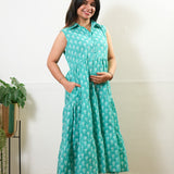 Turquoise button down cotton shirt dress (attached sleeves)