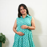 Turquoise button down cotton shirt dress (attached sleeves)