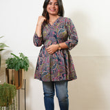 Peplum cotton short kurti - Navy paisley