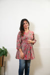 Peplum cotton short kurti -Red paisley