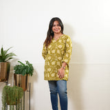 V neck cotton short kurti - Khaki
