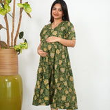 Olive green cotton maternity nursing midi dress