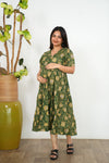 Olive green cotton maternity nursing midi dress