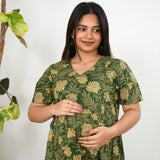 Olive green cotton maternity nursing midi dress