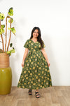 Olive green and mustard cotton midi dress