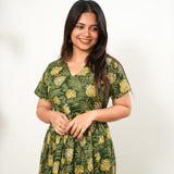 Olive green and mustard cotton midi dress