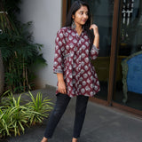 Maroon hand block printed cotton short kurti