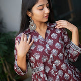Maroon hand block printed cotton short kurti