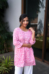 Pink floral peplum cotton short kurti