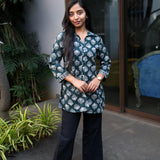 Forest green hand block printed cotton short kurti