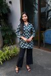 Forest green hand block printed cotton short kurti