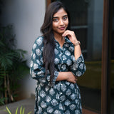 Forest green hand block printed cotton short kurti