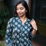 Forest green hand block printed cotton short kurti