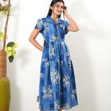 Blue paisley cotton button down midi dress