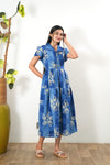 Blue paisley cotton button down midi dress