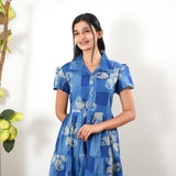 Blue paisley cotton button down midi dress