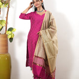 Rani pink silk suit set with contrast dupatta