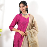 Rani pink silk suit set with contrast dupatta