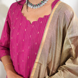 Rani pink silk suit set with contrast dupatta