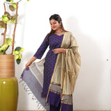 Violet silk suit set with contrast dupatta
