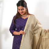 Violet silk suit set with contrast dupatta