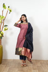 Mauve chettinad cotton suit set with contrast dupatta