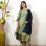 Pastel green chettinad cotton suit set with contrast dupatta