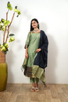 Pastel green chettinad cotton suit set with contrast dupatta