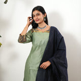 Pastel green chettinad cotton suit set with contrast dupatta