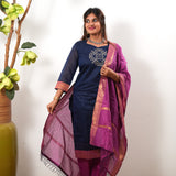 Navy kollam chettinad cotton suit set with contrast dupatta