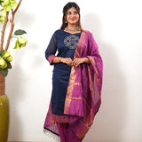 Navy kollam chettinad cotton suit set with contrast dupatta