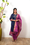 Navy kollam chettinad cotton suit set with contrast dupatta