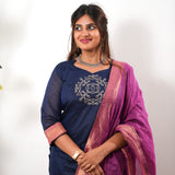 Navy kollam chettinad cotton suit set with contrast dupatta