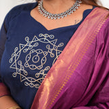 Navy kollam chettinad cotton suit set with contrast dupatta