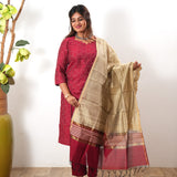 Red silk suit set with contrast dupatta